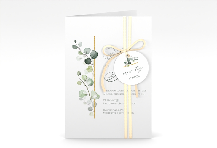 Einladungskarte Hochzeit Adelya A6 Klappkarte hoch weiss elegant mit Eukalyptus-Motiv