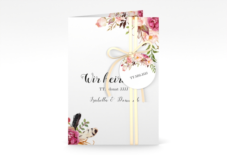 Einladungskarte Hochzeit Flowers A6 Klappkarte hoch weiss hochglanz mit bunten Aquarell-Blumen