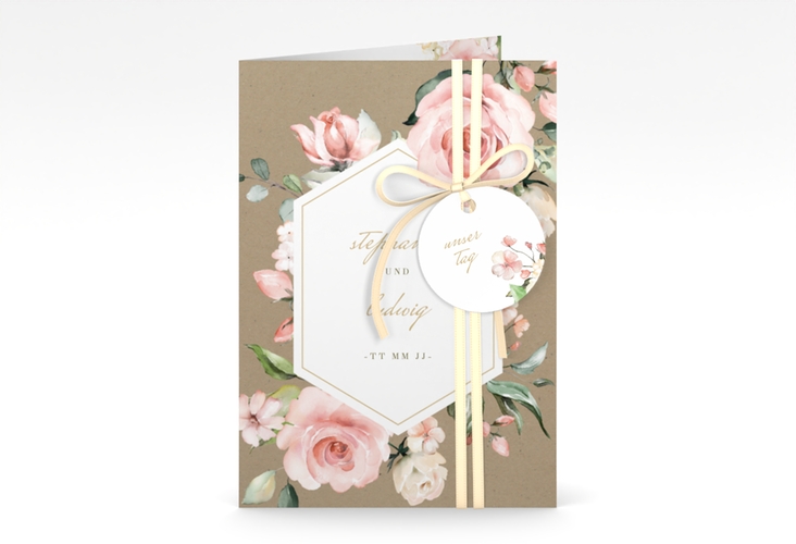 Einladungskarte Hochzeit Graceful A6 Klappkarte hoch Kraftpapier hochglanz mit Rosenblüten in Rosa und Weiß