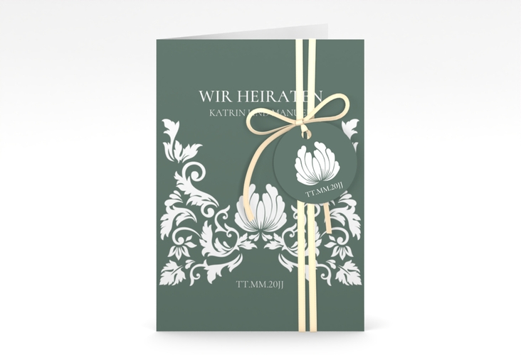 Einladungskarte Hochzeit Royal A6 Klappkarte hoch gruen mit barockem Blumen-Ornament