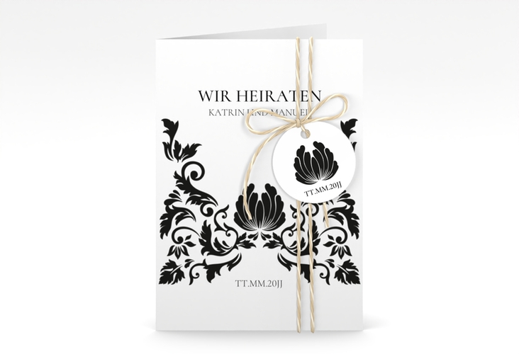 Einladungskarte Hochzeit Royal A6 Klappkarte hoch weiss hochglanz mit barockem Blumen-Ornament