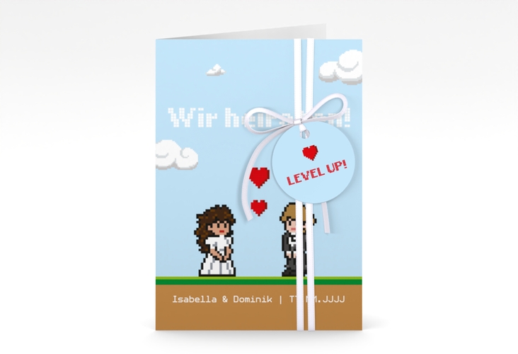 Einladungskarte Hochzeit Pixel A6 Klappkarte hoch bunt