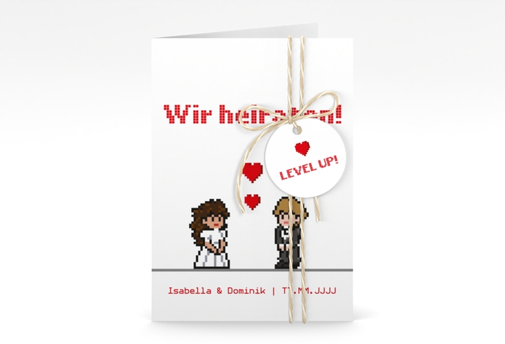 Einladungskarte Hochzeit Pixel A6 Klappkarte hoch weiss