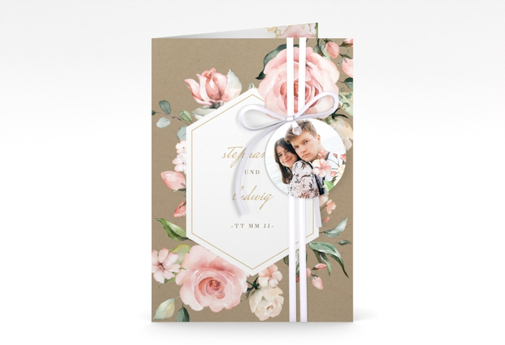 Einladungskarte Hochzeit Graceful A6 Klappkarte hoch Kraftpapier mit Rosenblüten in Rosa und Weiß