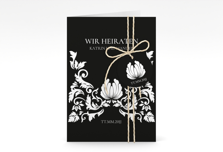 Einladungskarte Hochzeit Royal A6 Klappkarte hoch schwarz hochglanz mit barockem Blumen-Ornament