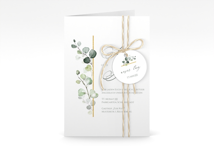 Einladungskarte Hochzeit Adelya A6 Klappkarte hoch elegant mit Eukalyptus-Motiv