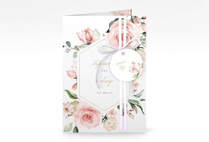 Einladungskarte Hochzeit Graceful A6 Klappkarte hoch weiss hochglanz mit Rosenblüten in Rosa und Weiß