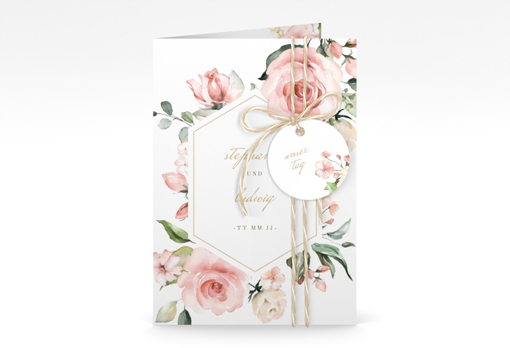 Einladungskarte Hochzeit Graceful A6 Klappkarte hoch weiss hochglanz mit Rosenblüten in Rosa und Weiß