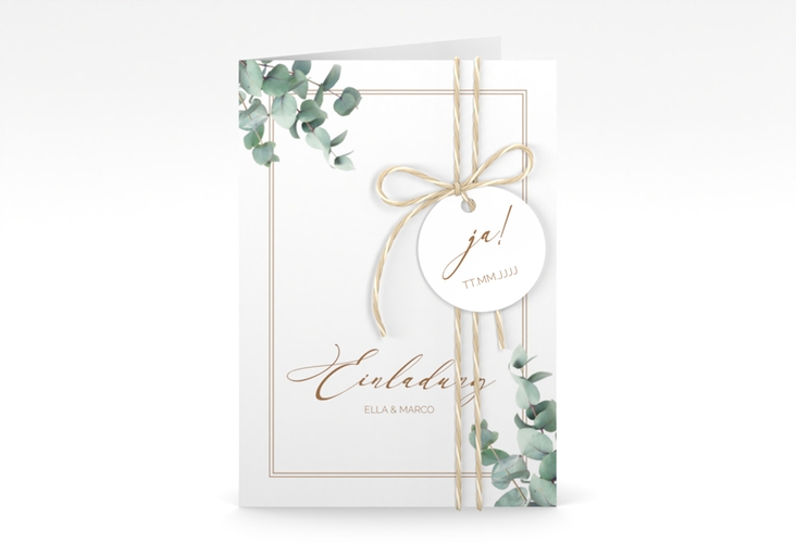 Einladungskarte Hochzeit Eucalypt A6 Klappkarte hoch weiss hochglanz mit Eukalyptus und edlem Rahmen