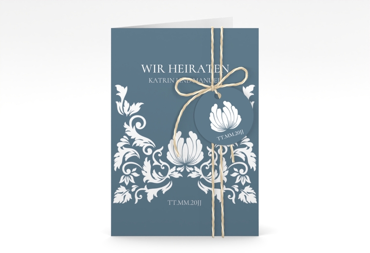 Einladungskarte Hochzeit Royal A6 Klappkarte hoch blau hochglanz mit barockem Blumen-Ornament