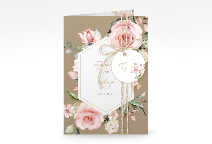 Einladungskarte Hochzeit Graceful A6 Klappkarte hoch hochglanz mit Rosenblüten in Rosa und Weiß