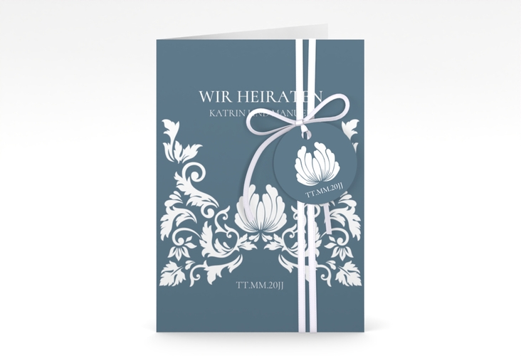 Einladungskarte Hochzeit Royal A6 Klappkarte hoch blau hochglanz mit barockem Blumen-Ornament