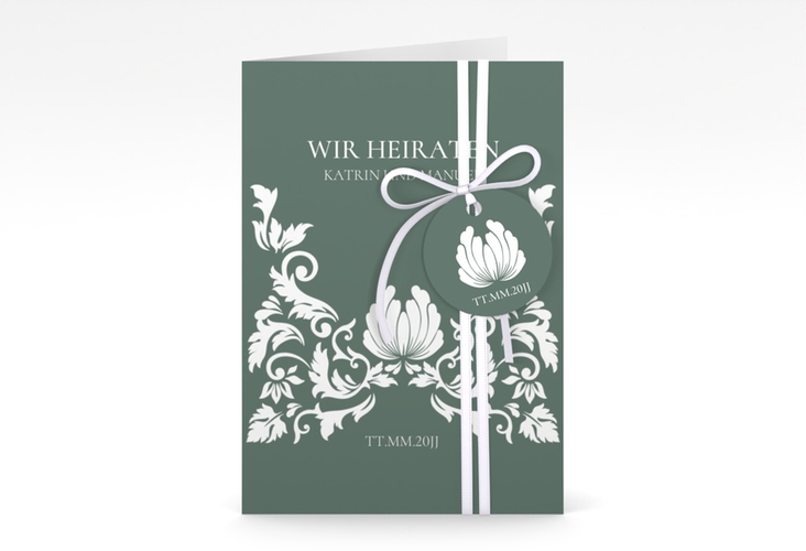 Einladungskarte Hochzeit Royal A6 Klappkarte hoch gruen hochglanz mit barockem Blumen-Ornament