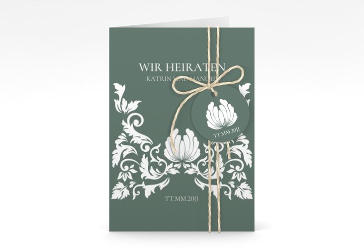 Einladungskarte Hochzeit Royal A6 Klappkarte hoch gruen hochglanz mit barockem Blumen-Ornament