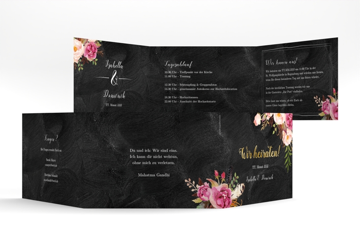 Hochzeitseinladung Flowers A6 Doppel-Klappkarte schwarz gold mit bunten Aquarell-Blumen