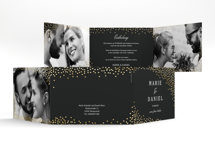 Hochzeitseinladung Glitter A6 Doppel-Klappkarte schwarz gold