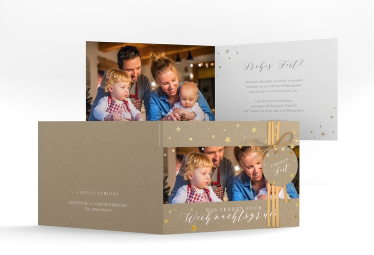 Weihnachtskarte Sternennacht A6 Klappkarte quer Kraftpapier gold mit Sternchen und Familienfoto