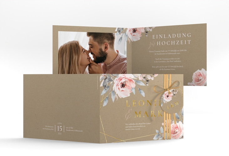 Hochzeitseinladung Perfection A6 Klappkarte quer Kraftpapier gold mit rosa Rosen