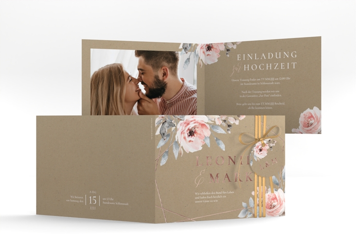 Hochzeitseinladung Perfection A6 Klappkarte quer Kraftpapier rosegold mit rosa Rosen