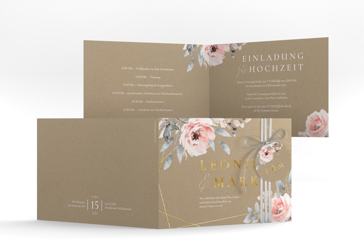 Hochzeitseinladung Perfection A6 Klappkarte quer Kraftpapier gold mit rosa Rosen