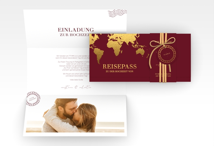 Hochzeitseinladung Traumziel Wickelfalzkarte + Banderole im Reisepass-Design