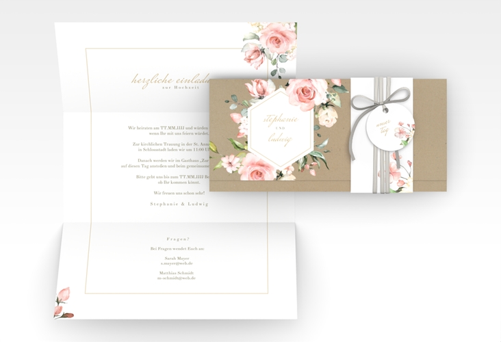 Hochzeitseinladung Graceful Wickelfalzkarte + Banderole Kraftpapier hochglanz mit Rosenblüten in Rosa und Weiß