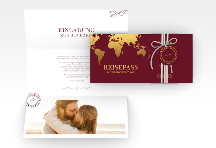 Hochzeitseinladung Traumziel Wickelfalzkarte + Banderole rot im Reisepass-Design