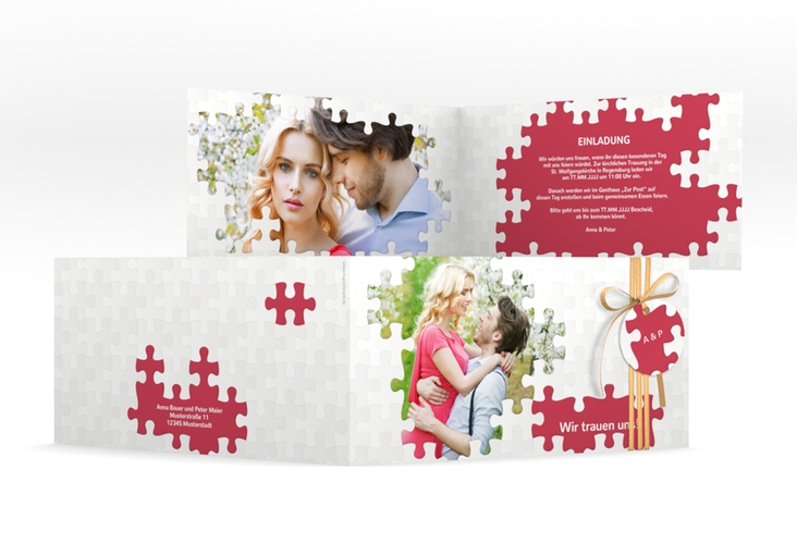 Hochzeitseinladung Puzzle lange Klappkarte quer rot