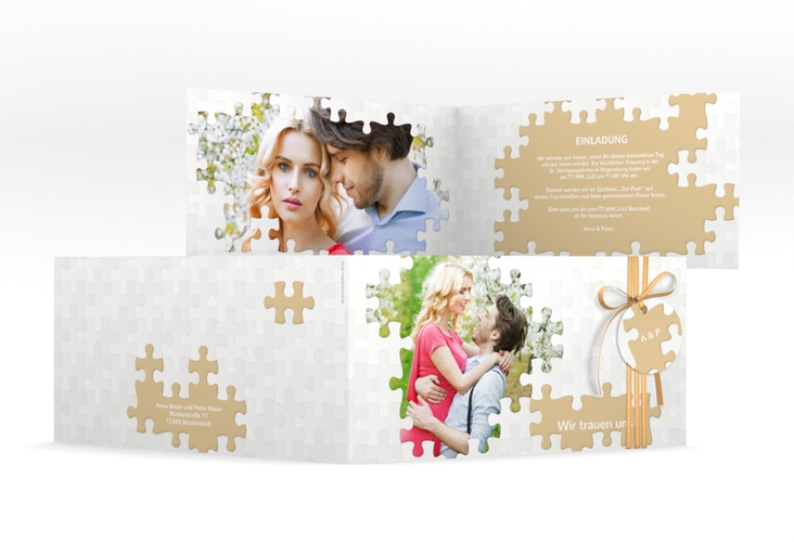 Hochzeitseinladung Puzzle lange Klappkarte quer beige