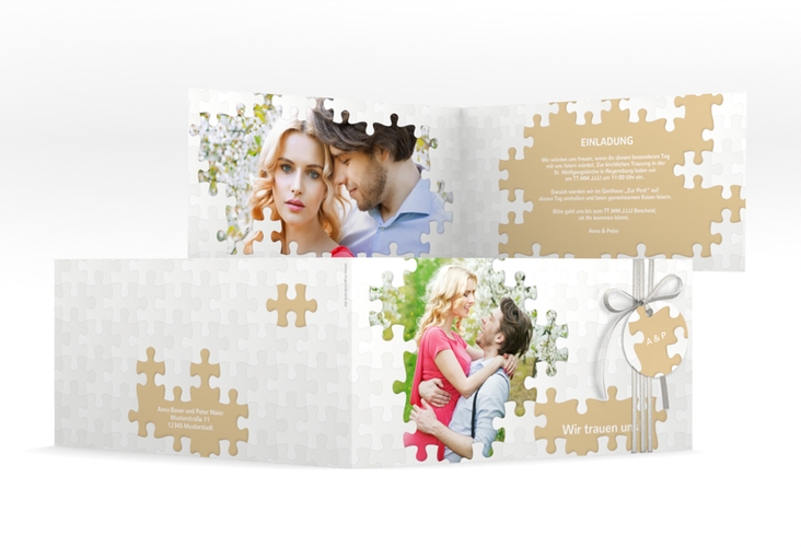 Hochzeitseinladung Puzzle lange Klappkarte quer beige