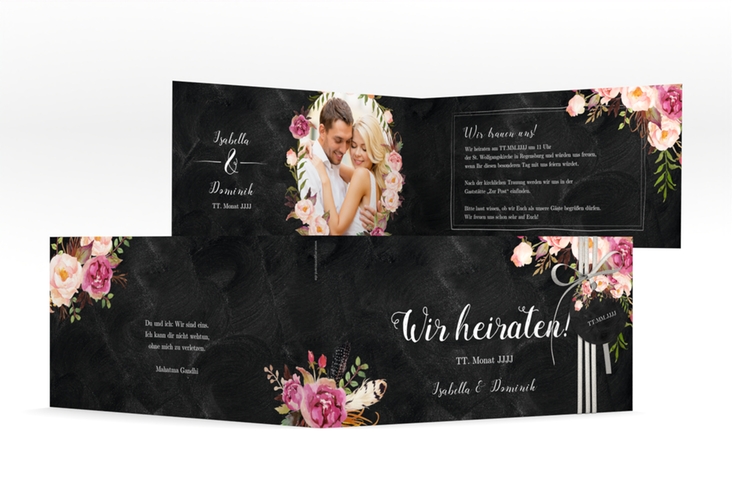 Hochzeitseinladung Flowers lange Klappkarte quer schwarz mit bunten Aquarell-Blumen