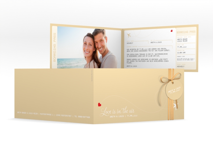 Hochzeitseinladung Weddingpass lange Klappkarte quer beige