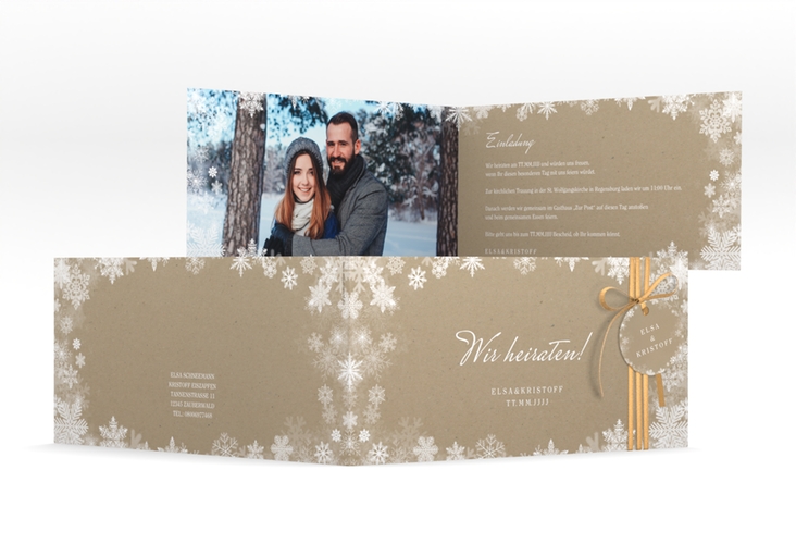 Hochzeitseinladung Snowfall lange Klappkarte quer Kraftpapier mit Schneeflocken für Winterhochzeit