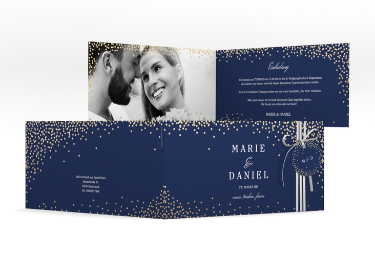 Hochzeitseinladung Glitter lange Klappkarte quer blau