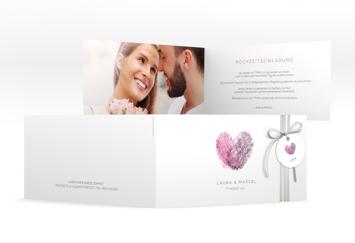 Hochzeitseinladung Fingerprint lange Klappkarte quer pink hochglanz schlicht mit Fingerabdruck-Motiv