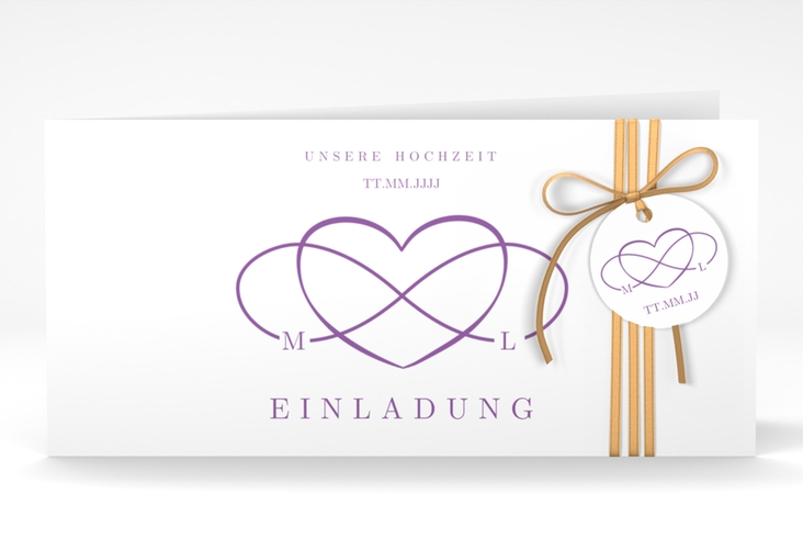 Hochzeitseinladung Infinity lange Klappkarte quer lila hochglanz