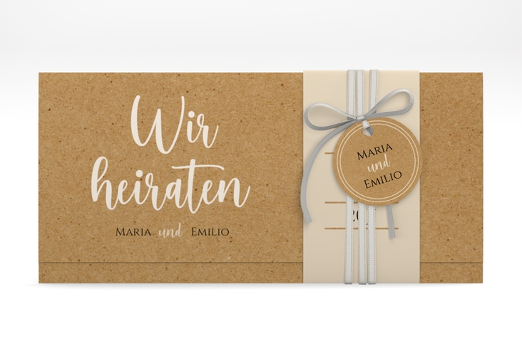 Hochzeitseinladung Noble Wickelfalzkarte + Banderole Kraftpapier mit elegantem Schriftzug