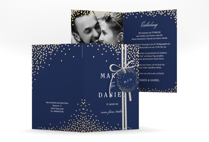 Einladungskarte Hochzeit Glitter A6 Klappkarte hoch blau hochglanz