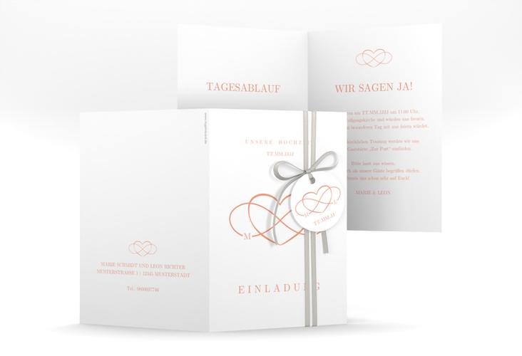 Einladungskarte Hochzeit Infinity A6 Klappkarte hoch apricot hochglanz