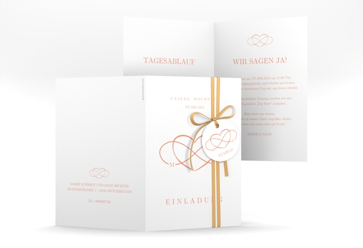 Einladungskarte Hochzeit Infinity A6 Klappkarte hoch apricot hochglanz