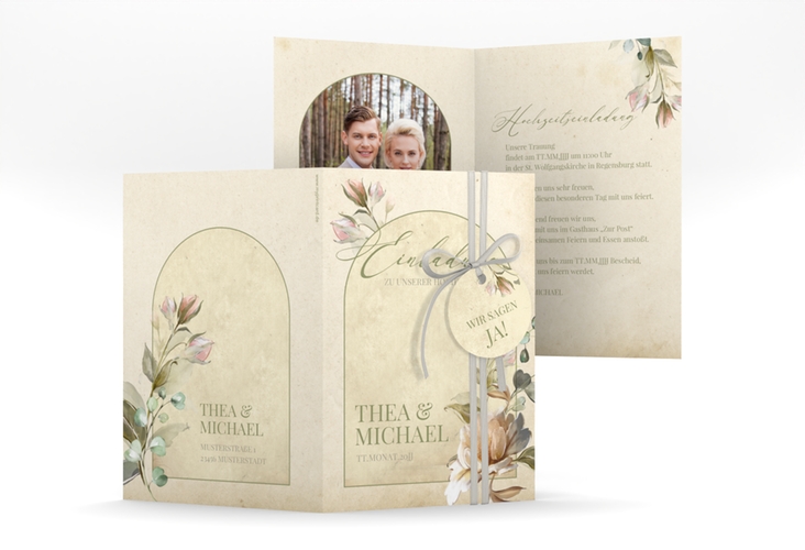 Einladungskarte Hochzeit Dornröschen A6 Klappkarte hoch beige hochglanz mit Aquarell-Rosen im Vintage-Look