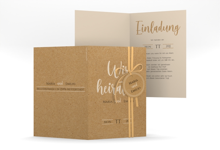 Einladungskarte Hochzeit Noble A6 Klappkarte hoch Kraftpapier hochglanz mit elegantem Schriftzug