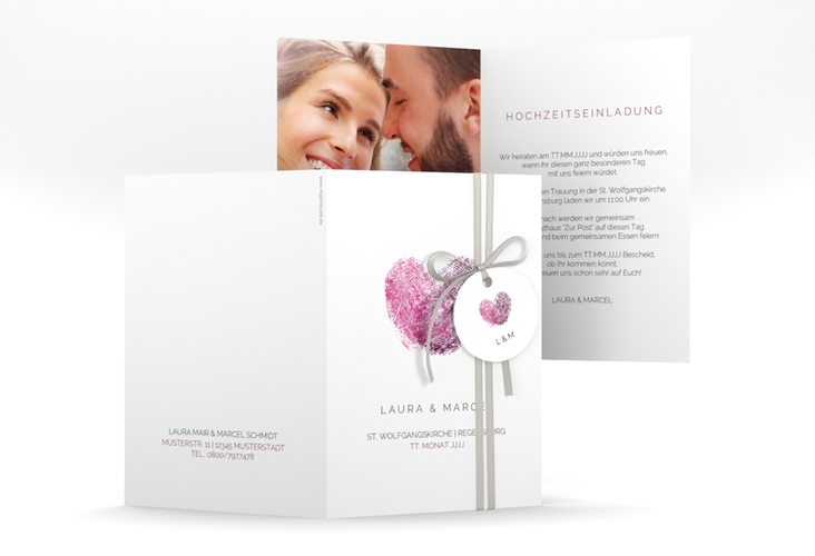 Einladungskarte Hochzeit Fingerprint A6 Klappkarte hoch pink hochglanz schlicht mit Fingerabdruck-Motiv