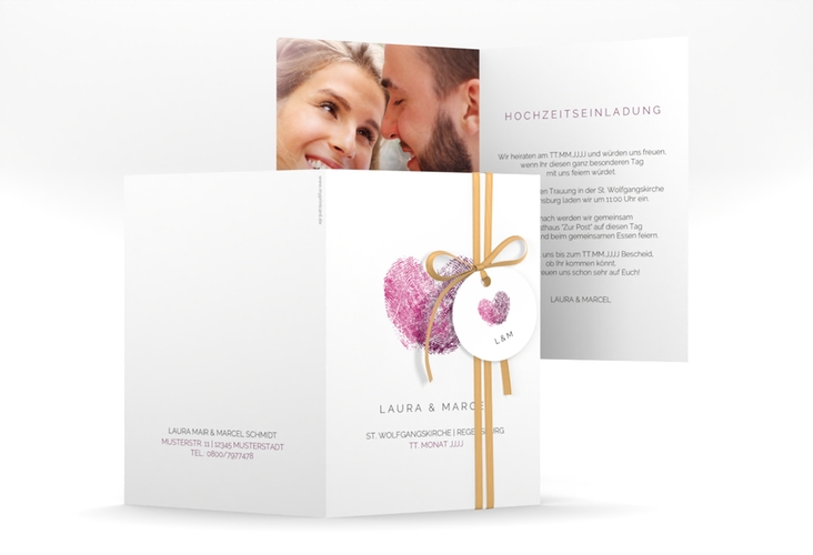 Einladungskarte Hochzeit Fingerprint A6 Klappkarte hoch pink hochglanz schlicht mit Fingerabdruck-Motiv