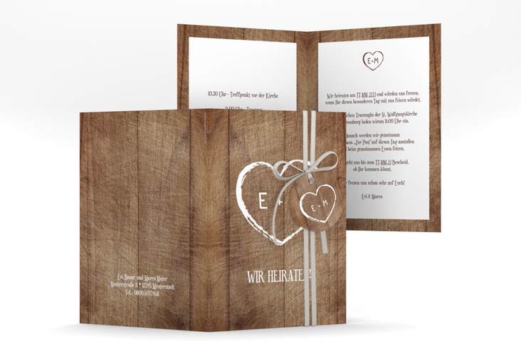 Einladungskarte Hochzeit Wood A6 Klappkarte hoch braun