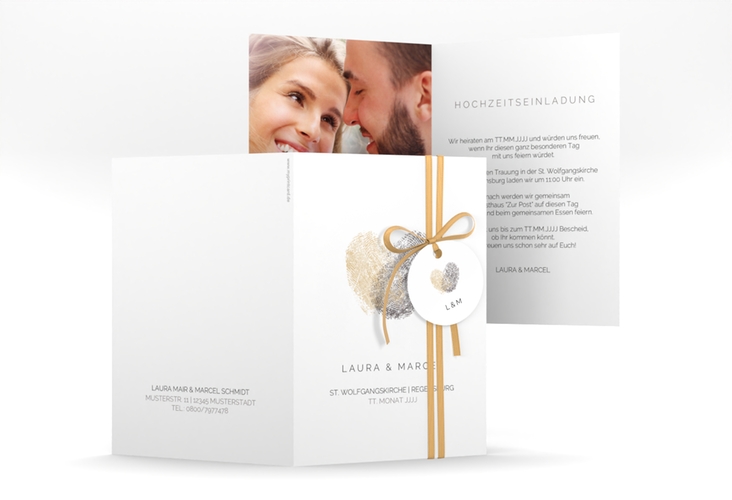 Einladungskarte Hochzeit Fingerprint A6 Klappkarte hoch beige schlicht mit Fingerabdruck-Motiv