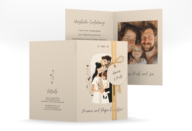 Einladungskarte Hochzeit Familienglück A6 Klappkarte hoch beige für Paare mit Kind