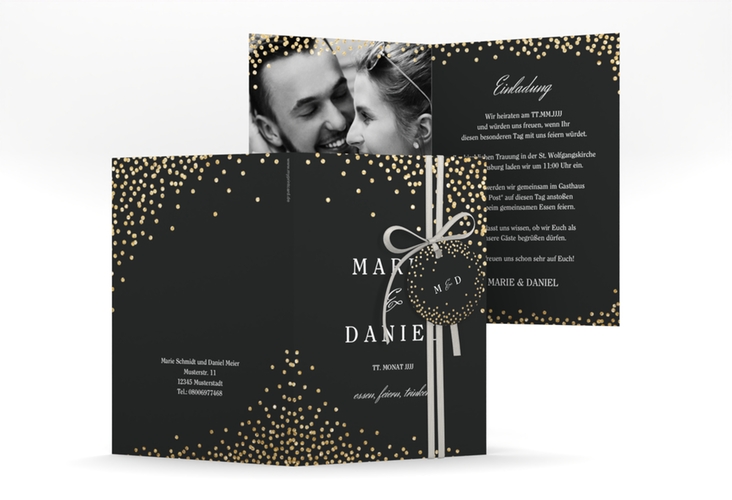 Einladungskarte Hochzeit Glitter A6 Klappkarte hoch schwarz