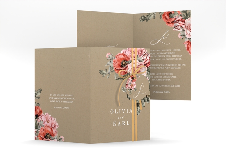 Einladungskarte Hochzeit Grazioso A6 Klappkarte hoch Kraftpapier modern mit Mohnblumen und Rosen