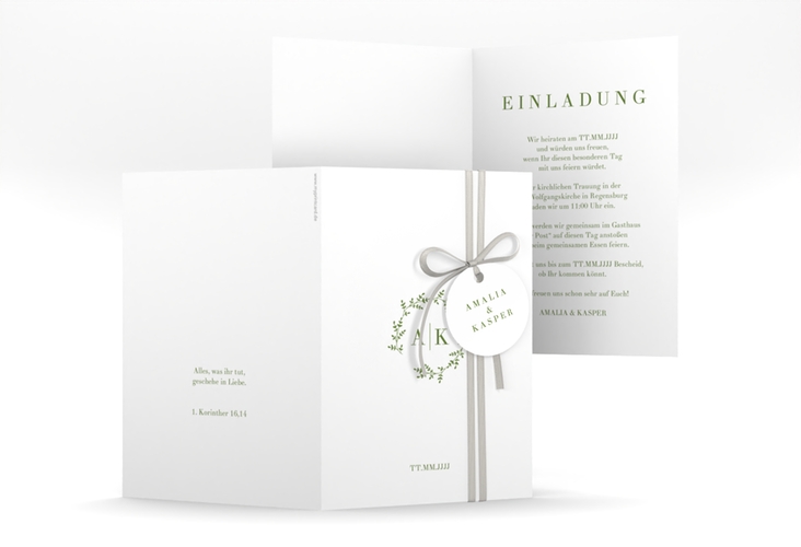 Einladungskarte Hochzeit Filigrana A6 Klappkarte hoch gruen in reduziertem Design mit Initialen und zartem Blätterkranz